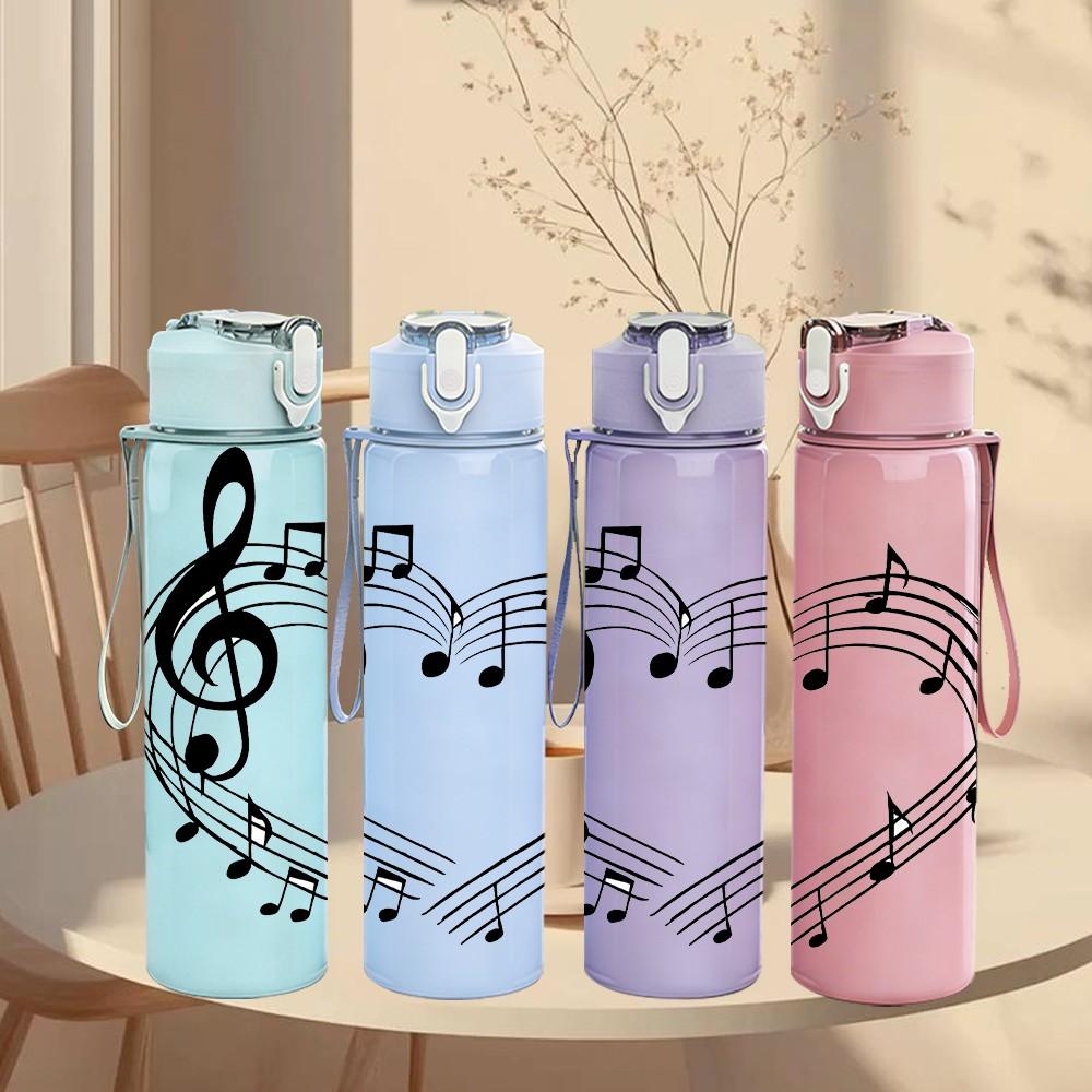 1PC Music Note Treble Clef Heart Print 750ml Color Plastic Sports Water Bottle Leakproof Flip Straw Lid Suitable for Sports Office Home Use
