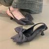 High Heels Women's Striped Bow Gray Temperament Pointed Kitten Heel Temperament Sexy White Low Heel Bag Head Sandals