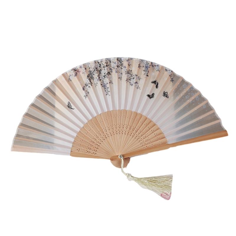 Floral Handheld Folding Fan Hand Held Silk Bamboo Fans with Tassels Hollowed Hand Foldable Fan for Dancing Wedding Decor
