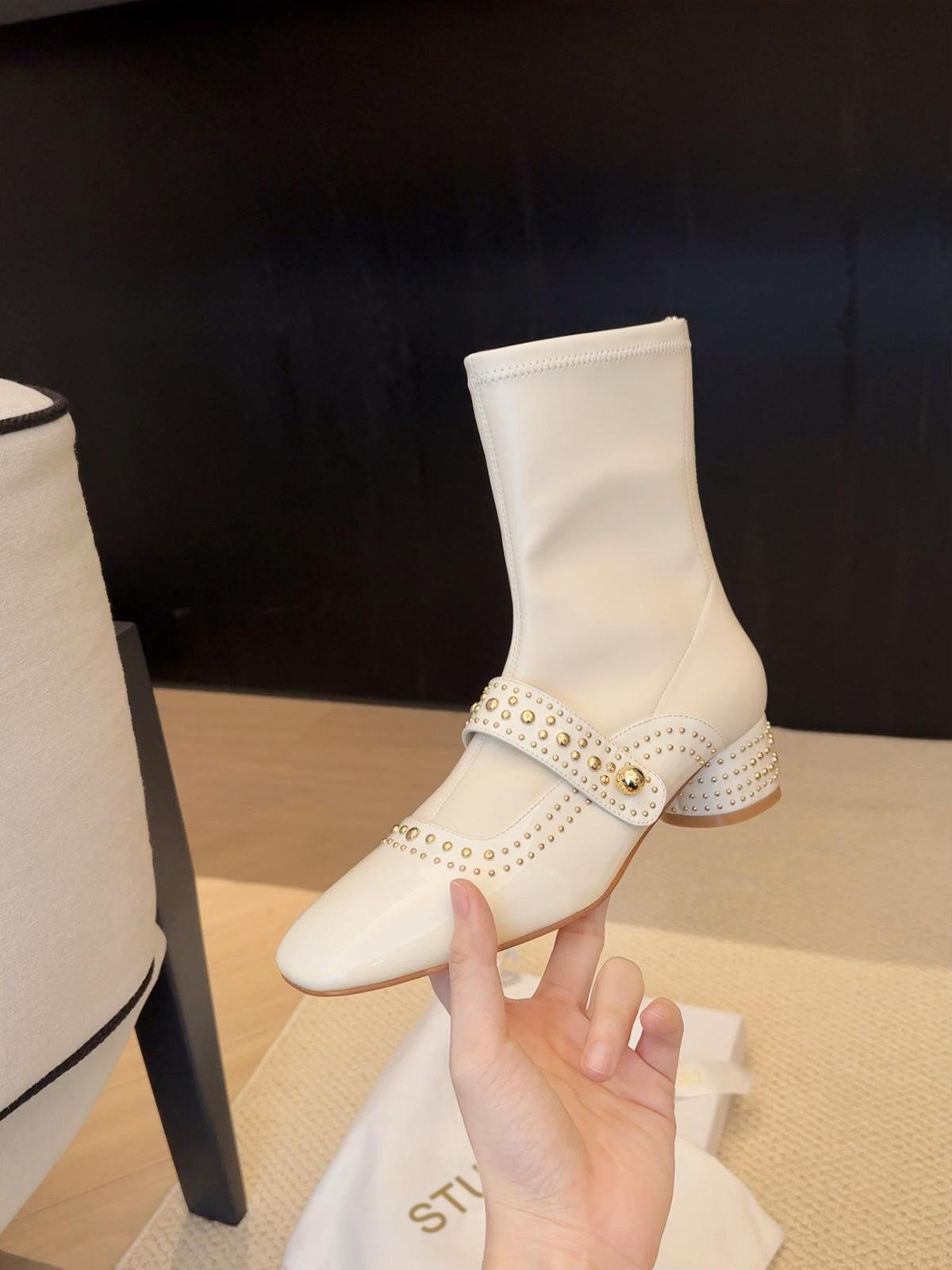 

Grape mother studiolee temperament small square head rivet word with knight boots thick heel thin ankle boots long boots women 40