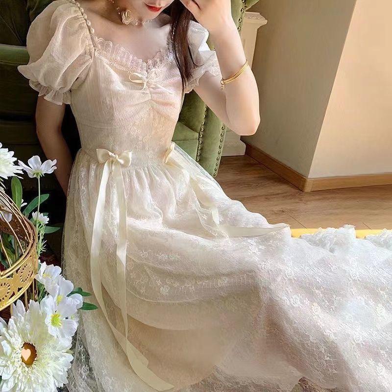 

Mid-Length Puff Sleeve Bow Dress - French Fairy Forest Style with Pearl Detail Large