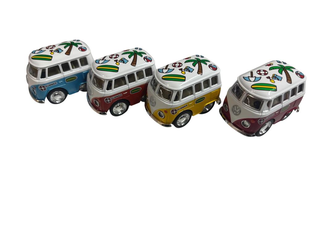 KINSFUN Volkswagen Bus Seaside Design Mini Pull-Back Car Set of 4 Diecast Metal Miniature Buses