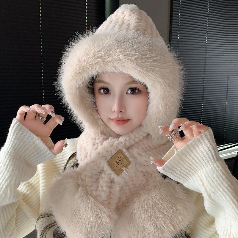 Warm Winter Scarf Bear Plush Hat Scarf Integrated Thickened Ear Protection Hat Cold Protection Lei Feng Hat Two in one