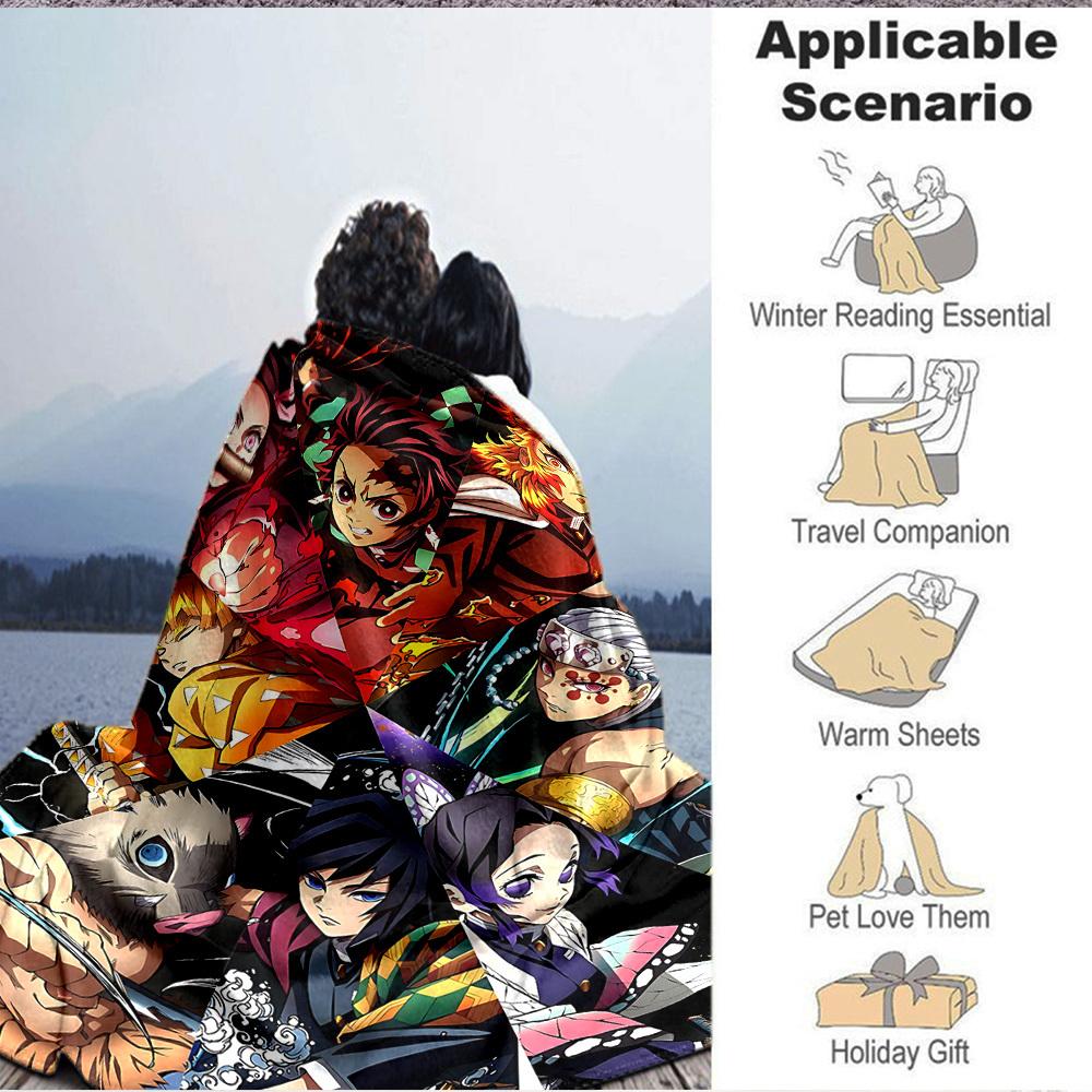 1pc Demon Slayer Flannel Throw Blanket HD Printed Lightweight Soft Warm All Season Blanket for Sofa, Bed, Travel, Camping Machine Washable