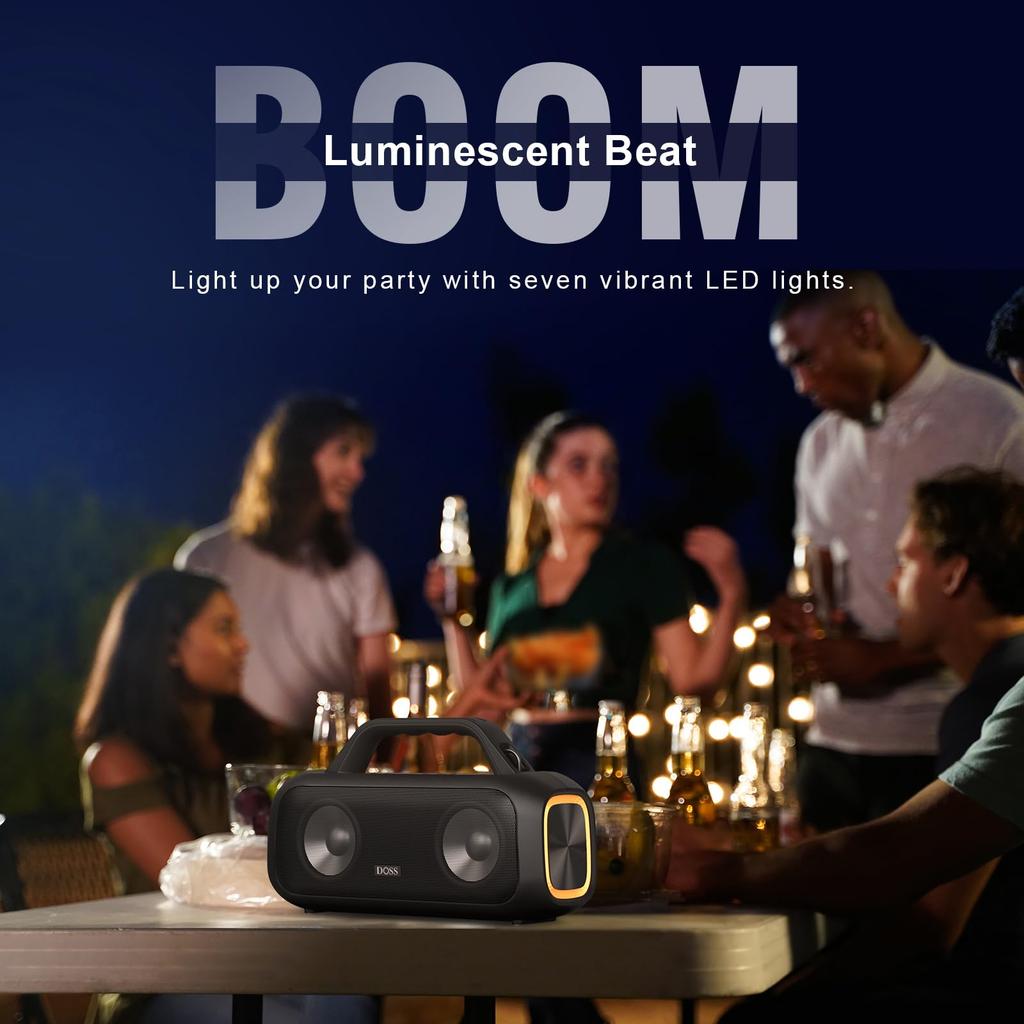 DOSS Extreme Boom S Bluetooth Portable 60W High IPX6 25 Hours Enhanced Shoulder for Use Speaker, Light-Up Speaker, Wireless, Volume, Waterproof,
