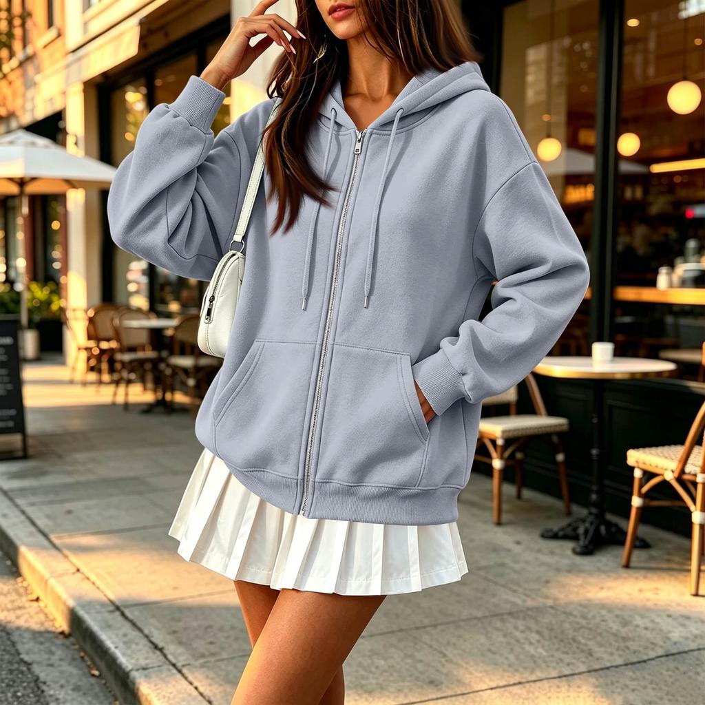 Women's Long Sleeve Color Hooded Loose Fit Zip-Up Jacket