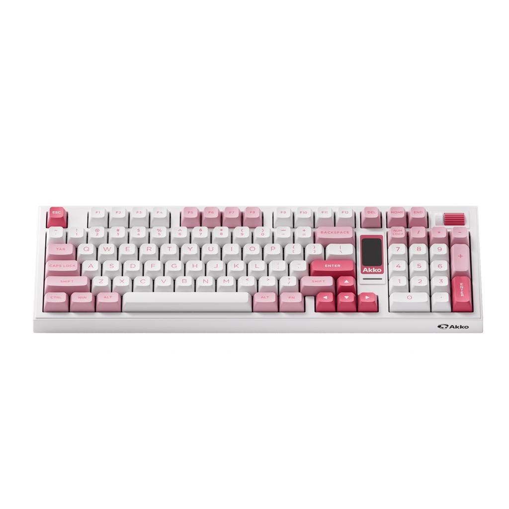 Teclado Akko 5098B Prunus Lannesiana Custom com Botão Giratório Vertical, Carregamento Rápido, Cor Rosa, com Tela TFT