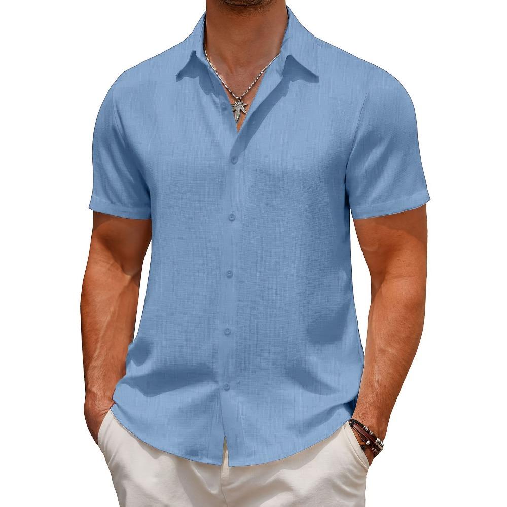

Мужские хлопковые льняные рубашки с коротким рукавом на пуговицах, повседневные летние свободные рубашки в домашнем стиле XXXL светло-синий