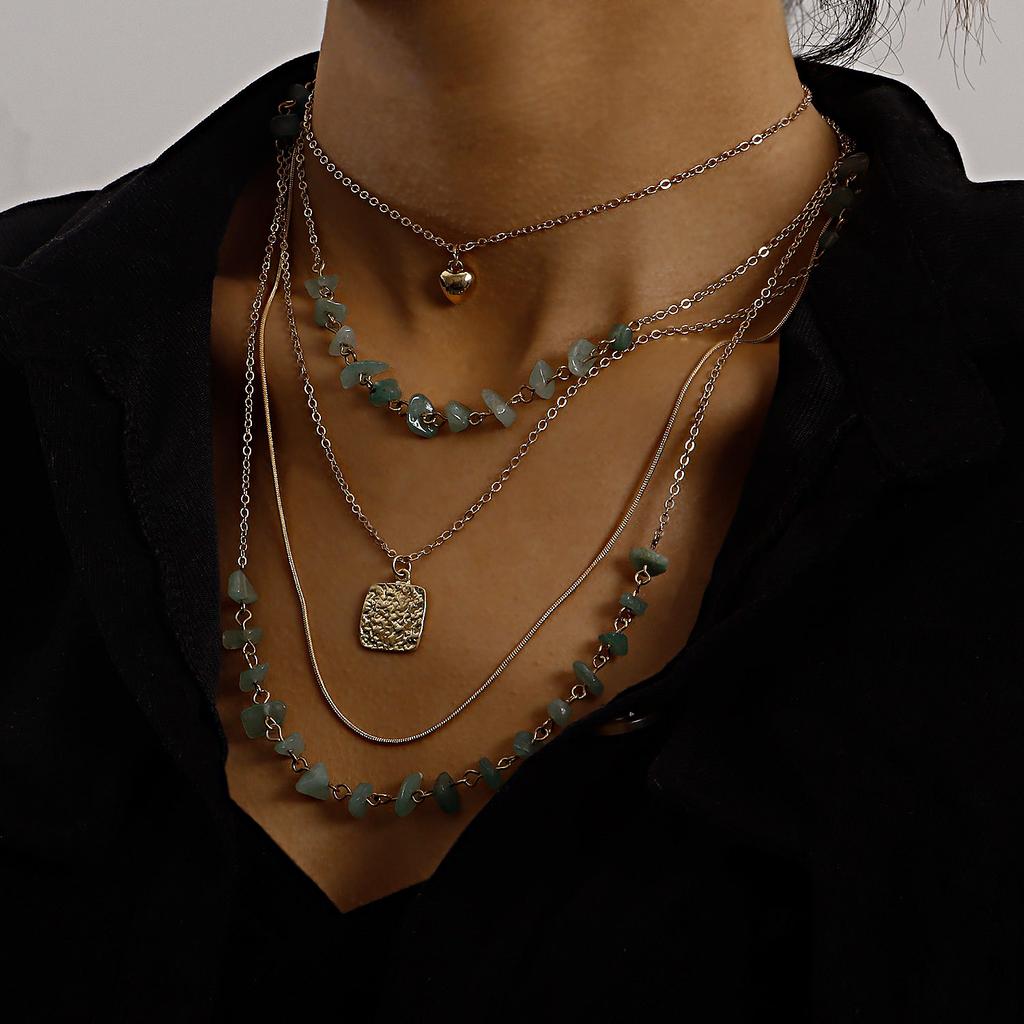 Retro Stacked Multi-layer Small Hole Chain Turquoise Square Mini Love Pendant Necklace Women