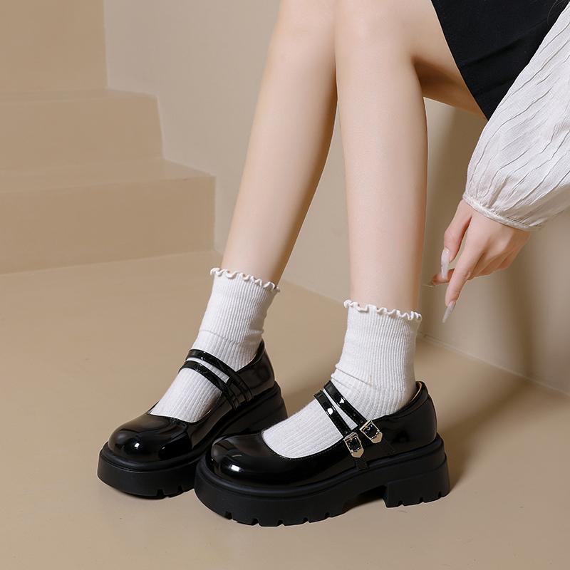 Platform Mary Jane Shoes Women's New Round Toe Shallow Mouth British Style Block Heel Small Leather Shoes