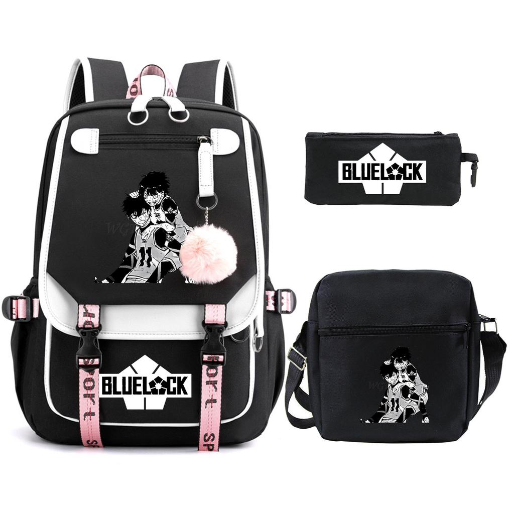 Blue Prison Student School Bag Large Capacity Children'S Shoulder Bag Casual Pencil Bag Set