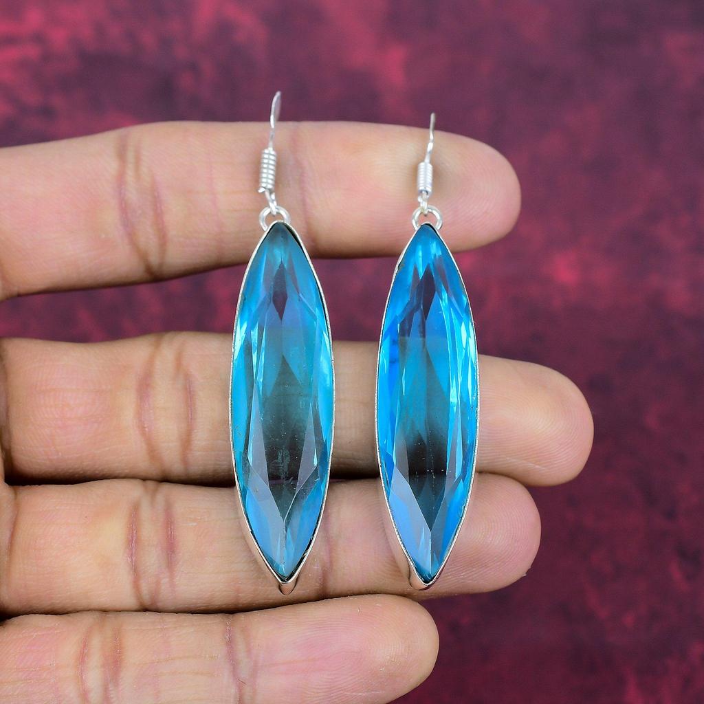 Kolczyki z niebieskim topazem, biżuteria z kamieni szlachetnych ze srebra próby 925, ręcznie robione kolczyki, na Święto Dziękczynienia