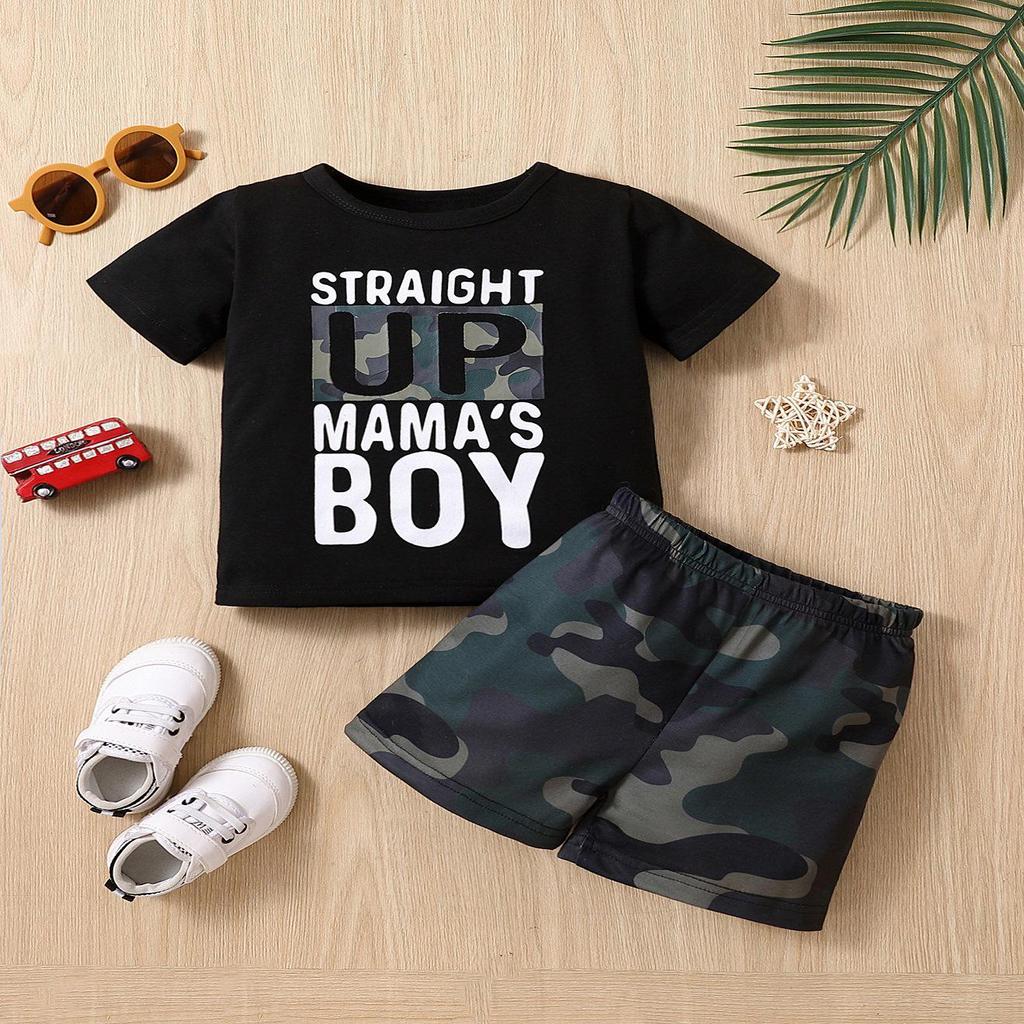 Boys' Summer Outfit: Letter Print Tee & Camo Shorts Set - European and American Style.