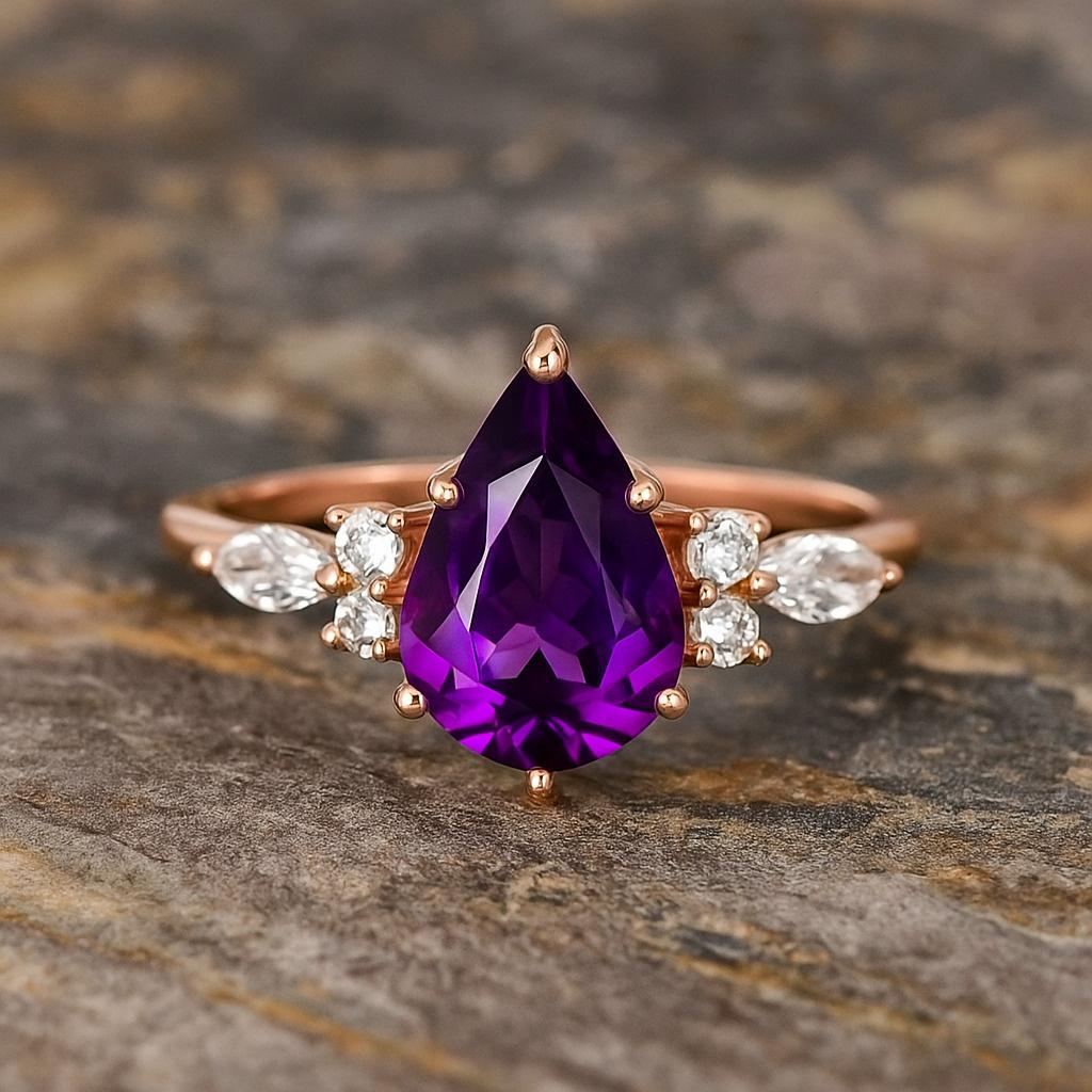 Pear Cut Amethyst Engagement Ring Rose Gold Plated | Purple Amethyst Cluster Ring | Vintage Marquise Moissanite | Dainty Promise Ring