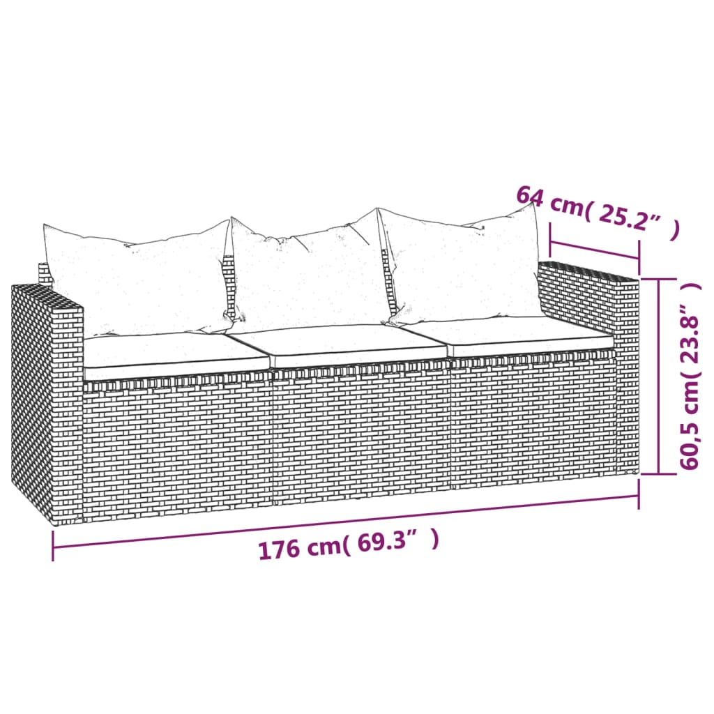 Vidaxl 3-Cz. Garden Lounge Set, Cushions, Grey PE Rattan