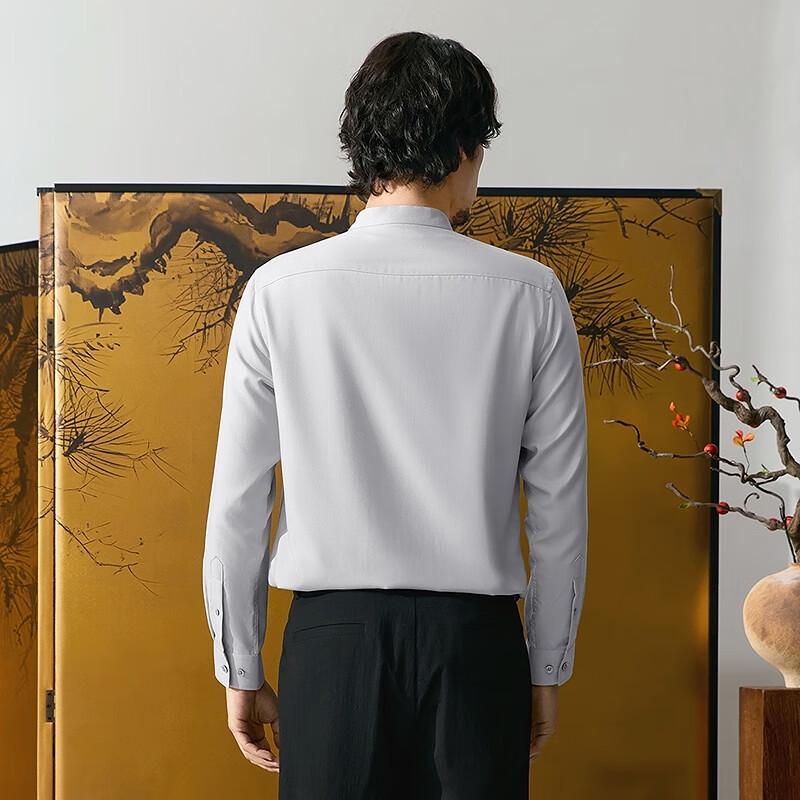 Men s Chinese Stand Collar Long Sleeve Modal Blend Shirt 39