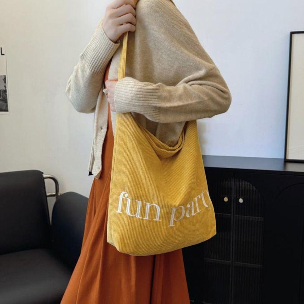 

Letter Corduroy Shoulder Bag Solid Color Casual Tote Bag Fashion Canvas Shoulder Bag Travel коричневый