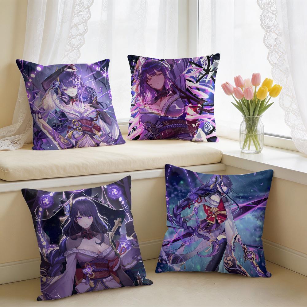 Raiden Shogun Genshin Impact Cushion Cover Square Short Plush Pillow Case Living Room Sofa Home Decor Funda X