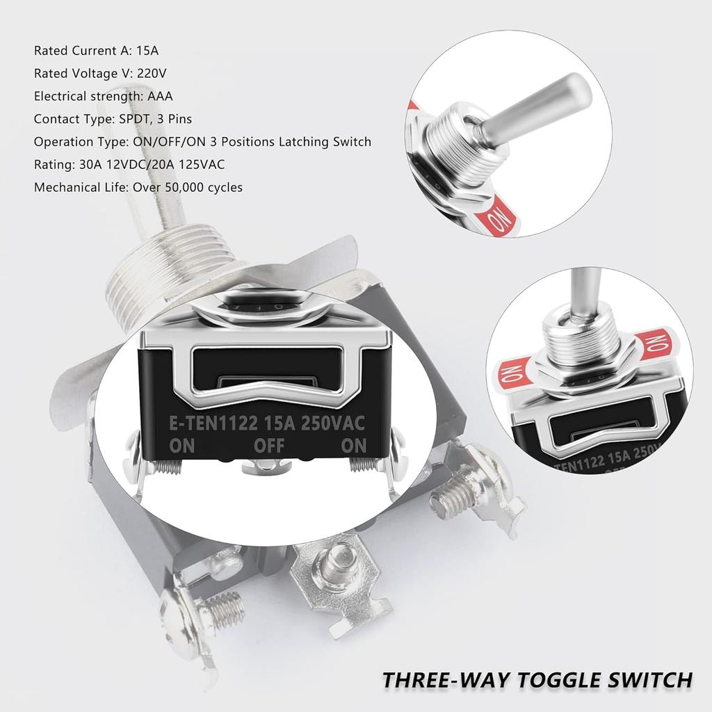 3 Way Toggle Switch, 3 Position ON-OFF-ON, 3 Pin, Black, with 2 Waterproof Boot Caps, 15A 250VAC for Ignition & Pressurization, Universal Fits Car