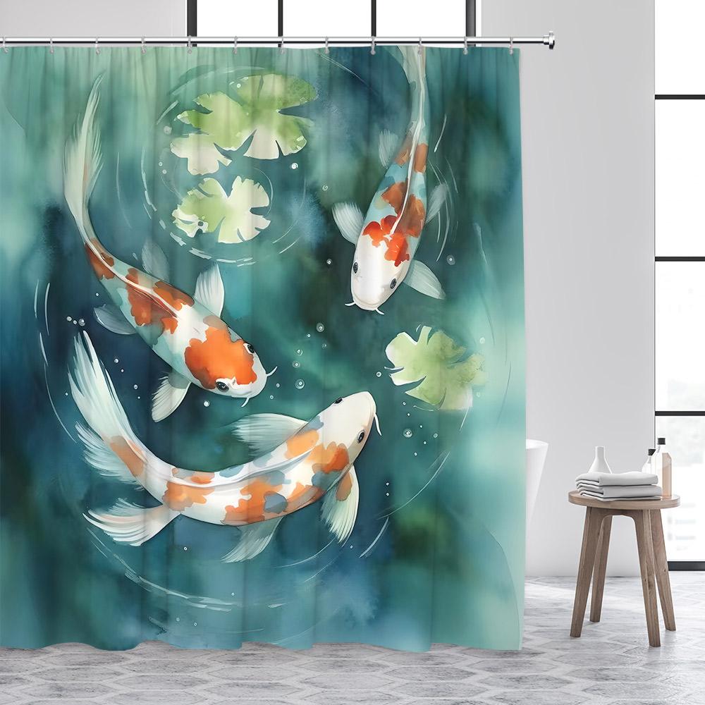Japanese Style Shower Curtain Pink Cherry Blossom Floral White Crane Mountain Koi Carp Ink Scenery Modern Bathroom Curtain Decor