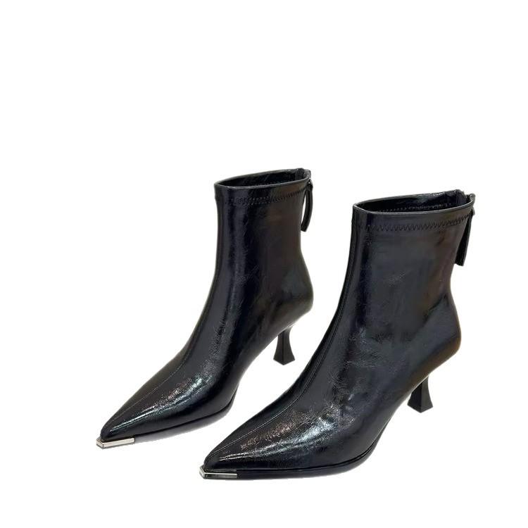 High-heeled Short Boots for Women - New Style Leather Soft Pointed-toe Low-heeled Shoes