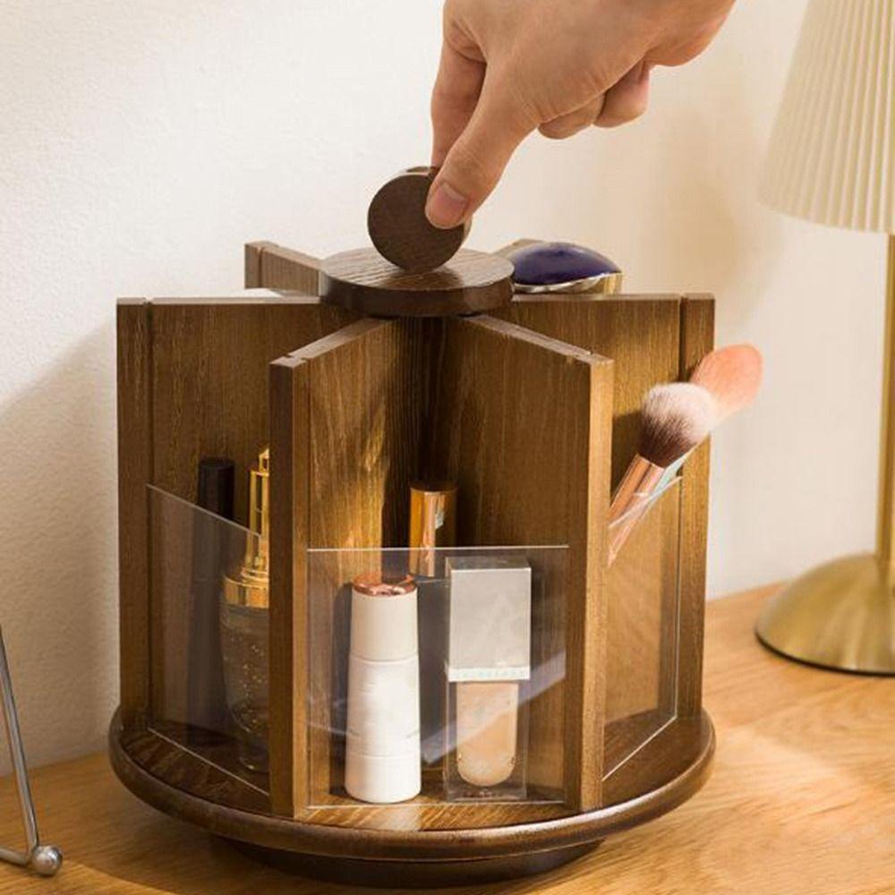 Bamboo Rotating Cosmetic Storage Box Large Capacity Multi-Compartment Facial Care Storage Rack Space Saving Makeup Organizer