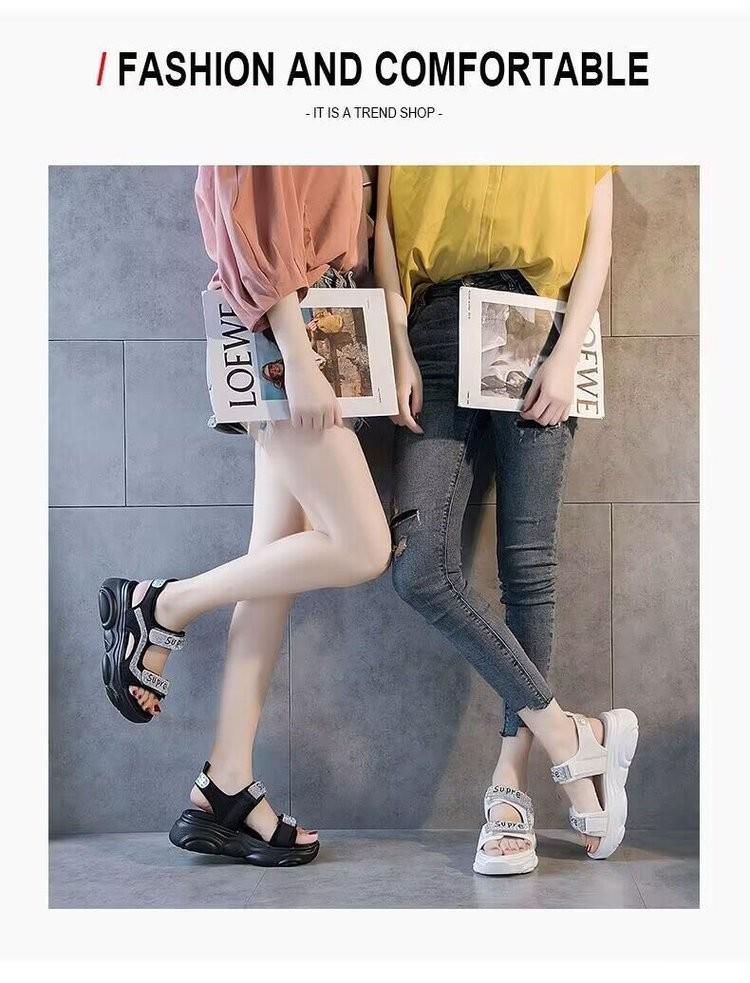 Women's 2025 Summer Fashion Roman Sandals: Versatile Rhinestone Velcro Strap Platform Flats