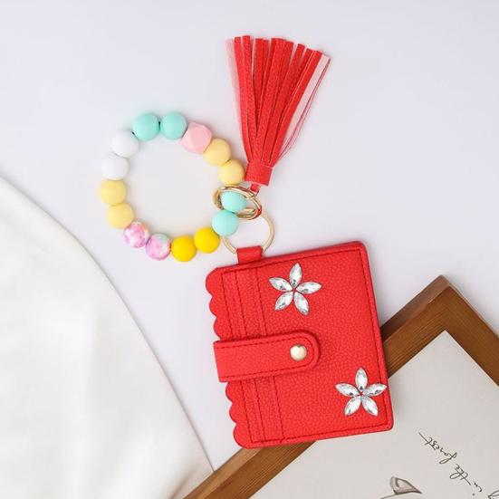 RFID Shielded Card Holder with Rhinestone Flower And Beads Decor Women Wristband Wallet Keychain Faux