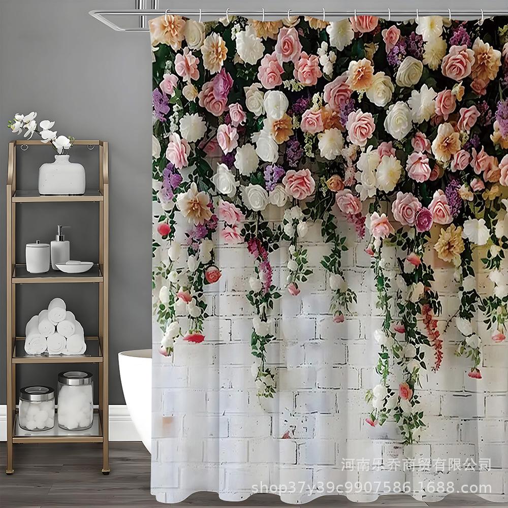 Elegant Floral Shower Curtain Set - Four-Piece, Moisture & Mildew-Proof, No Drilling Needed