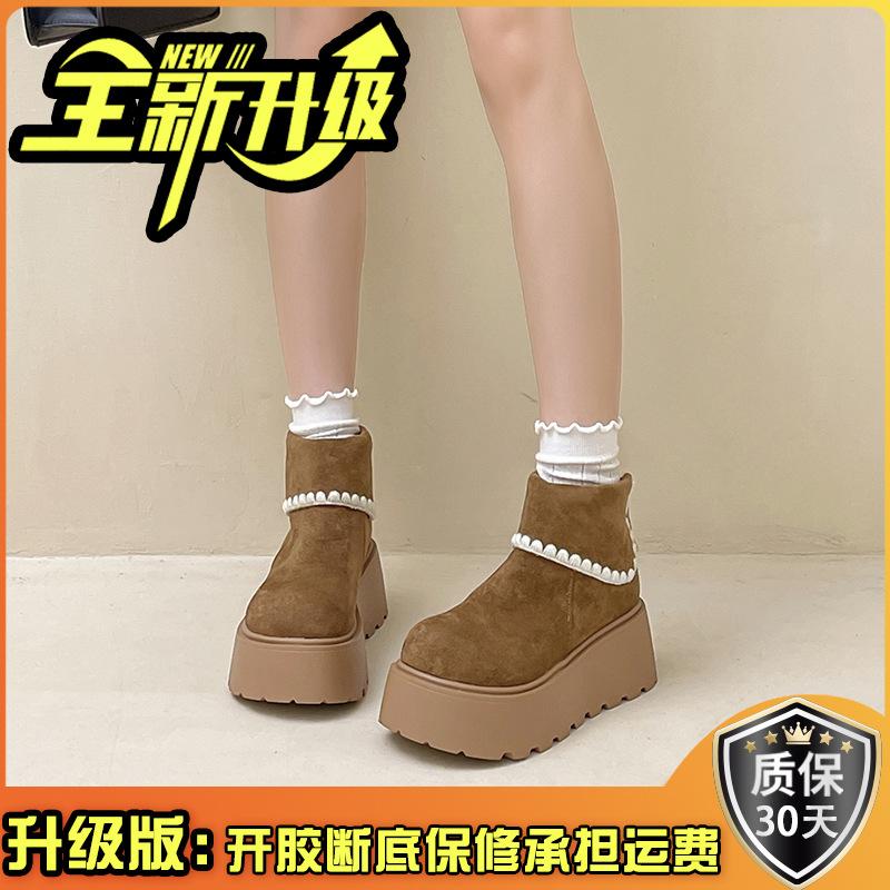 Jednoduché krajkové kotníkové boty, sněhule na silné podrážce se skrytým zvýšením výšky, dámské podzimní a zimní retro sametové zateplené krátké bavlněné boty