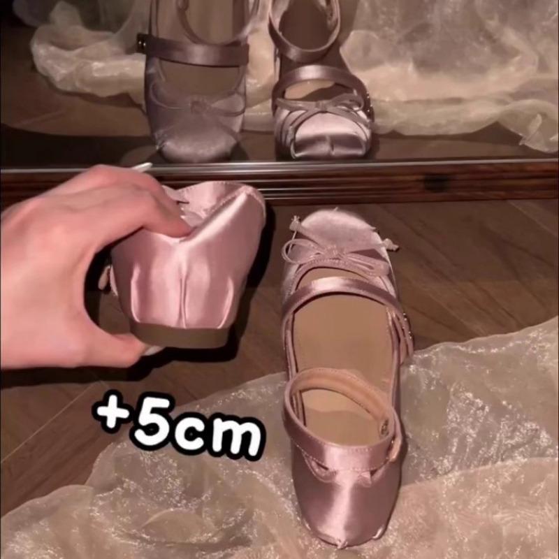 Sheepskin version~ Invisible inner height increase 5CM Mary Jane shoes New small bow light mouth single shoes