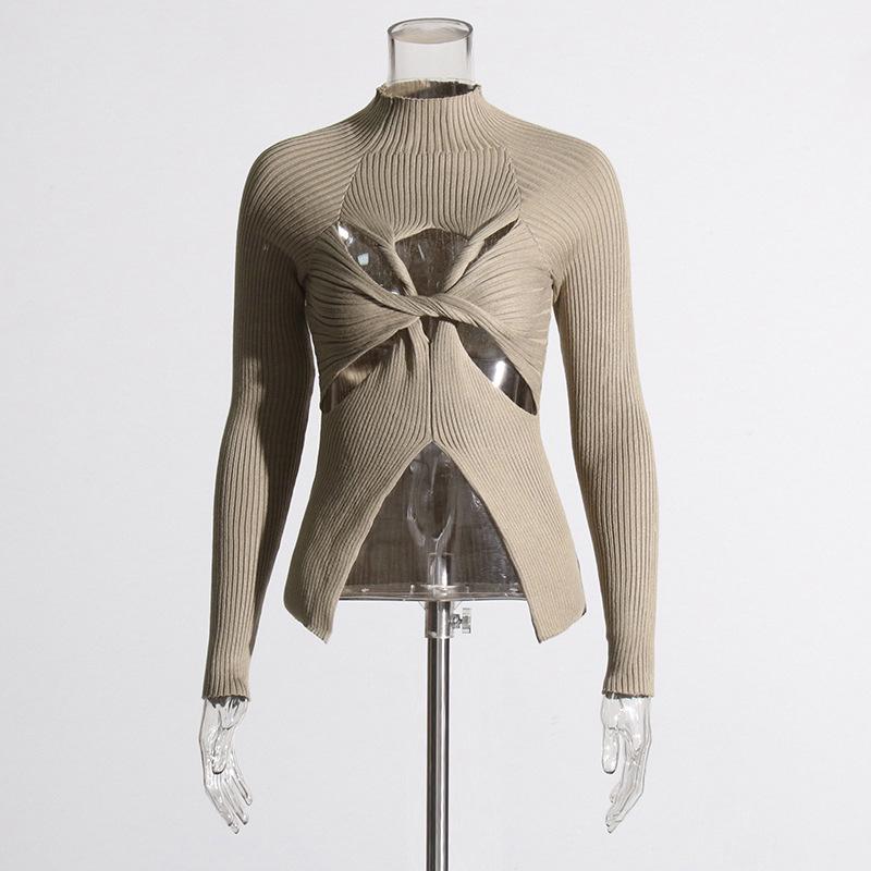 2026 Summer Women's Elegant Hollow Twist Knit Sweater - Slimming Waist, Half High Collar Knitwear