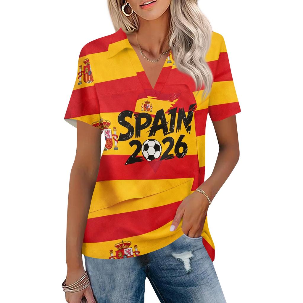 Damen Freizeit V-Ausschnitt Kurzarm Poloshirt mit Fußball-Print und Kragendesign Leichtes Sommeroberteil für den Alltag