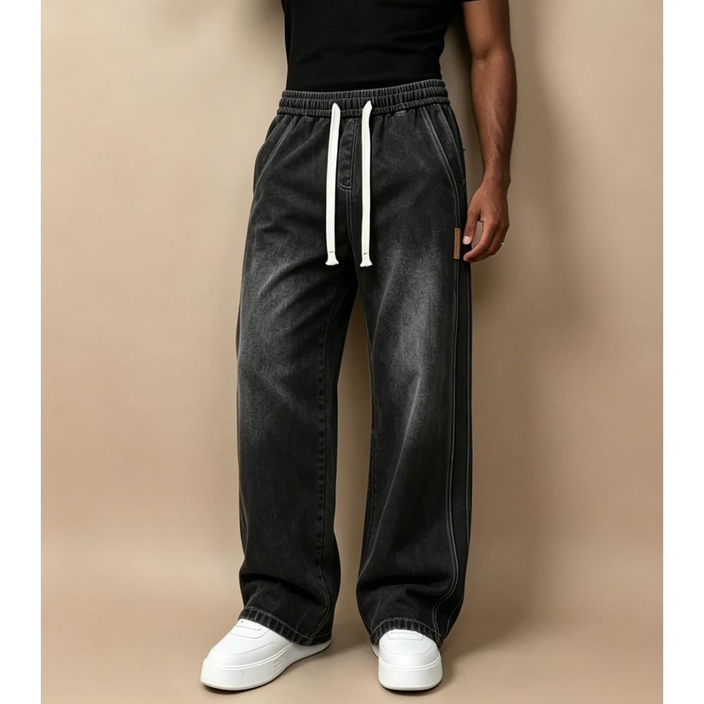 Herren Jeans mit geradem Bein, elastischem Bund mit Kordelzug, lockerer Passform und Used-Look