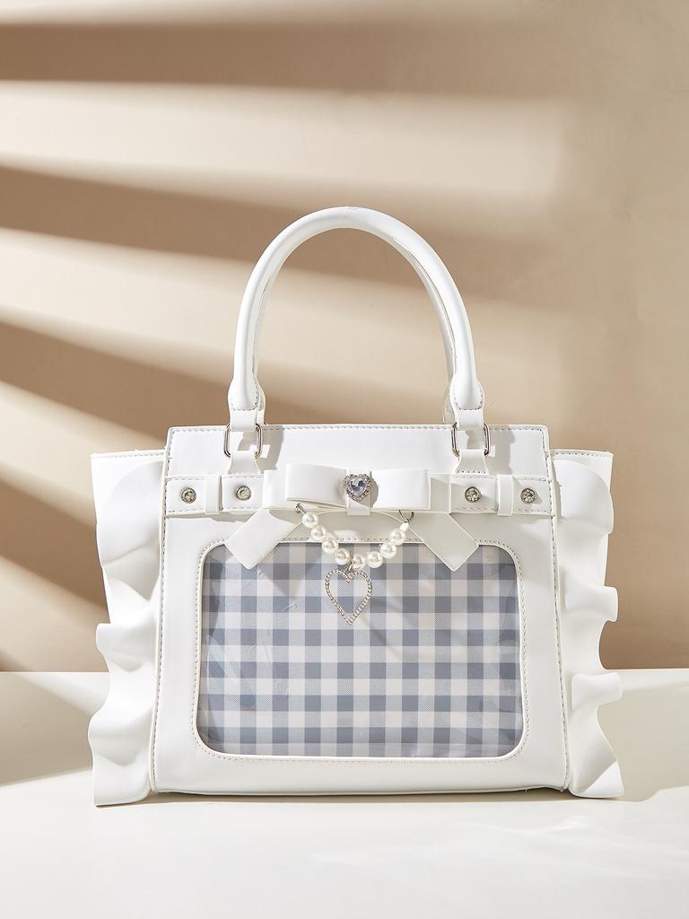 Cute Japanese heart-shaped printed handbag with lace and pearl details, women's crossbody bag with small capacity