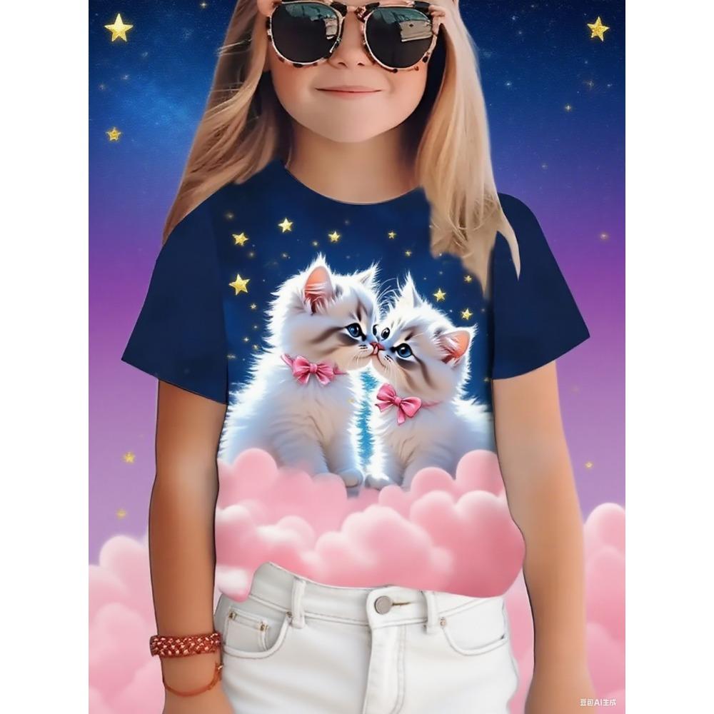 Fun Cat Girl T-shirt Summer Cartoon Pattern Girl Short Sleeve T-shirt Casual Round Neck Top Animal Children's Clothing Girl Clothing