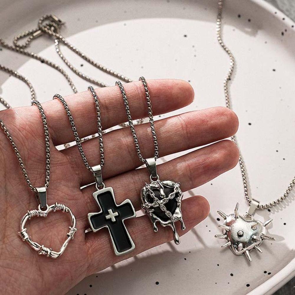 4PCS Personality Thorn Love Necklace Set Gothic Style Crucifix Pendant Chain  Church