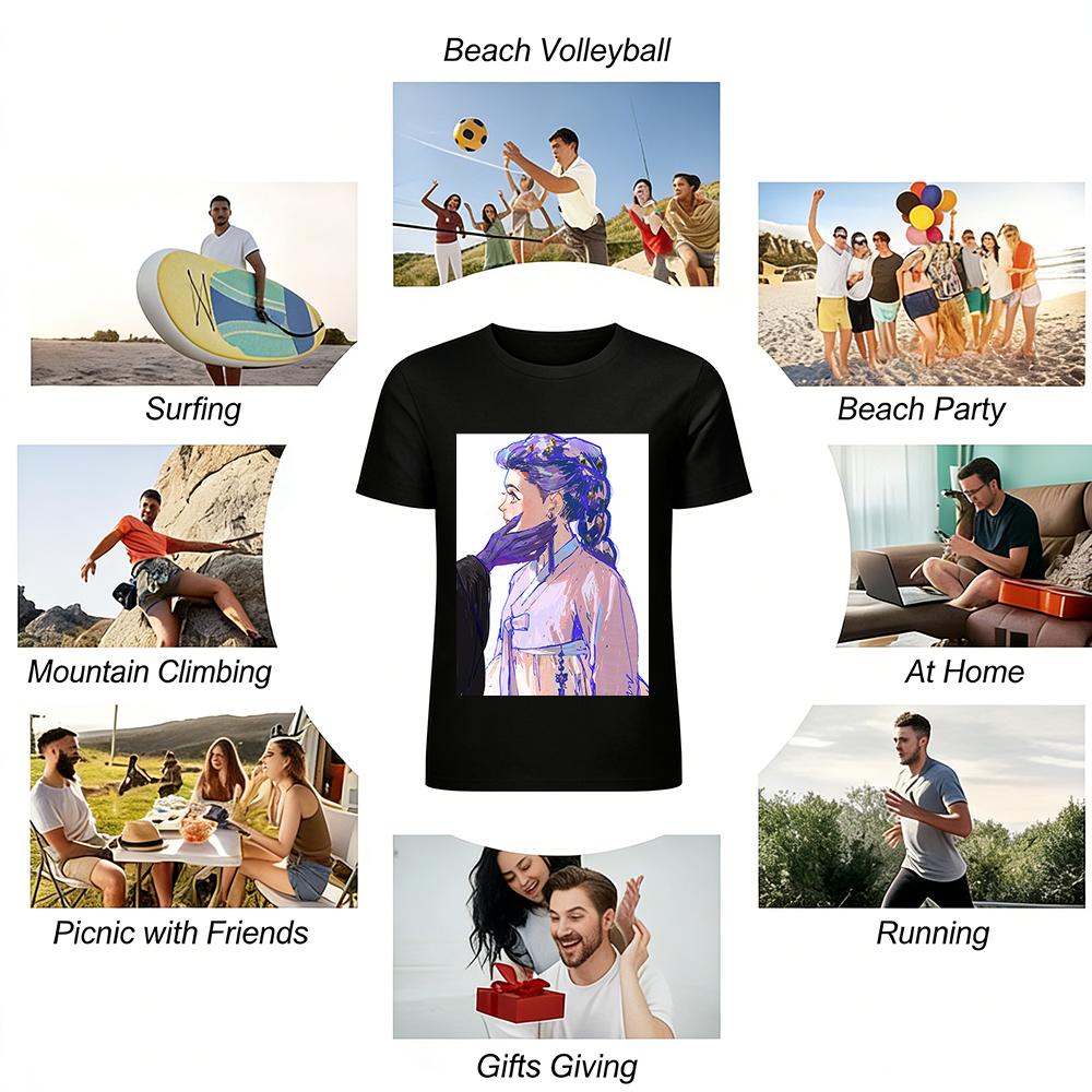 Vintage Chinese Style Purple-haired Girl Print Top Niche Design Casual Loose Crewneck Sweatshirt Pure Cotton T-shirt
