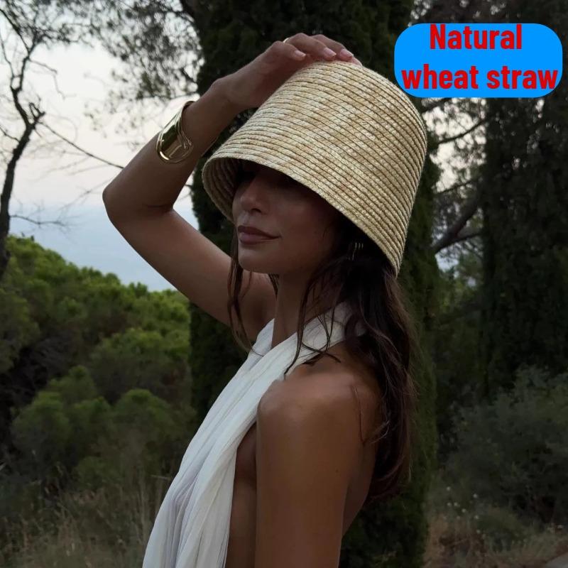 Garden Supplies My Women's Natural Wheat Straw Bucket Hats Korean Fashion Beach Hat Summer Visor Fisherman Hat Lady Handmade Chapeau Panama Sun Hats 54-58Cm