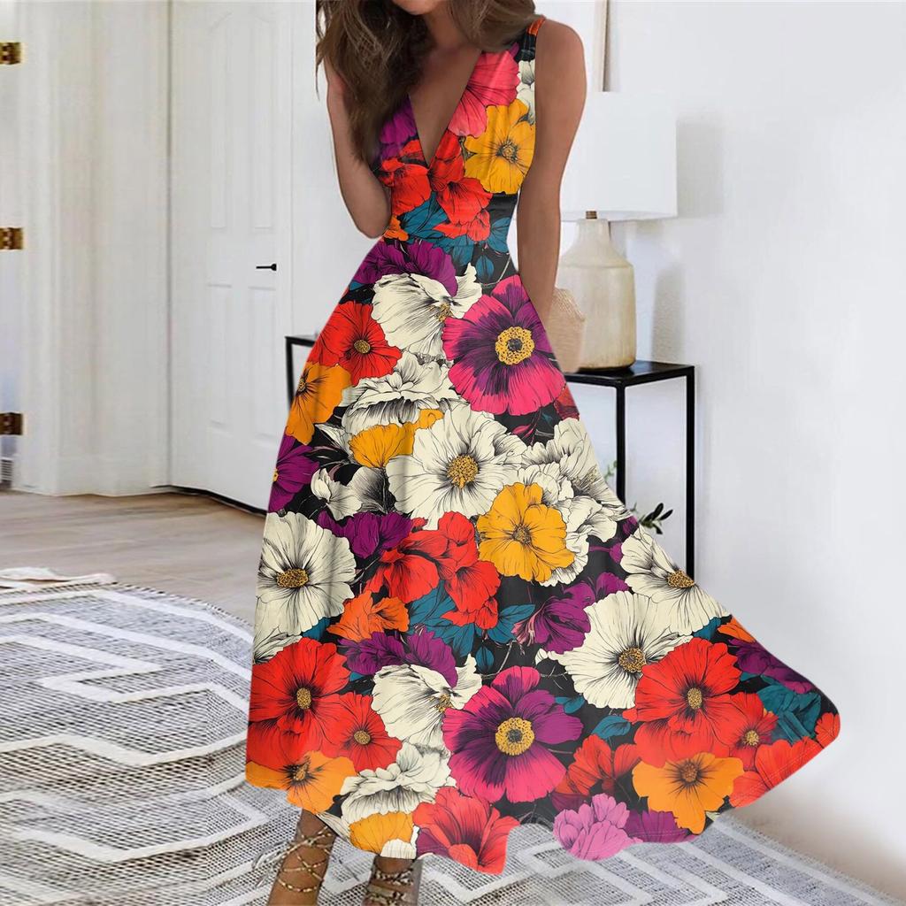 Women's Summer Fashion Retro Print V-Neck Sleeveless Long Dress