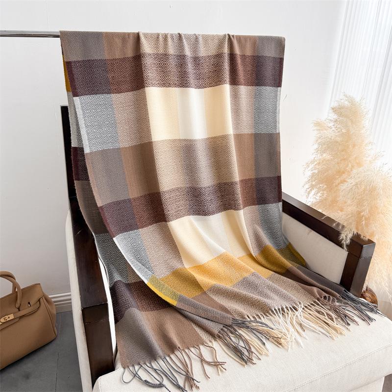 Koreanische Version Kontrastfarbiges Karomuster Langer Herbst- und Winterwarmschal Damenstola Vielseitiger Pendlerschal mit Fransen Imitat Kaschmirschal