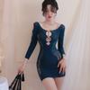 Women Sexy Bodycon Dresses Hollow Erotic Underwear Off The Shoulder Long Sleeve Hip Skirt Secretary Uniform Fantasy Erotic Wear