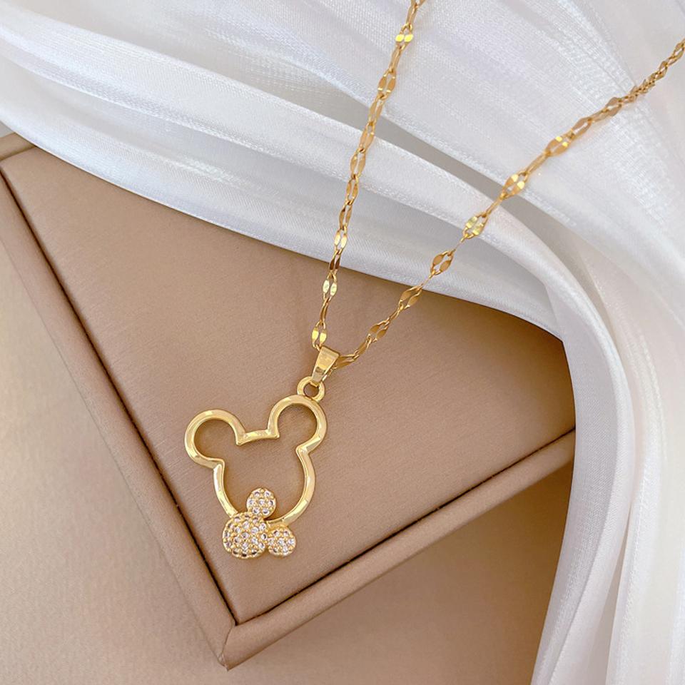 ZAKOL Gold Color Stainless Steel Hollow Mouse Head CZ Necklace for Women Cute Collar Accessories Girls Birthday Gift