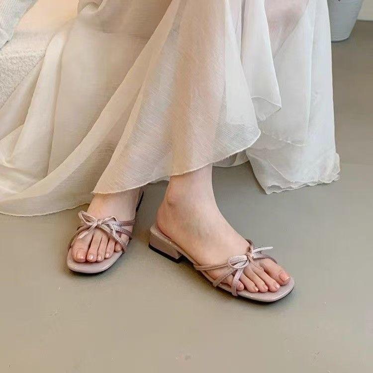 Korean Version of Thick Heel Temperament Cool Slippers Women's 2025 Summer New Bow Thin Strap Open-toed Low-heeled Sandals Women's Summer Outer Wear
