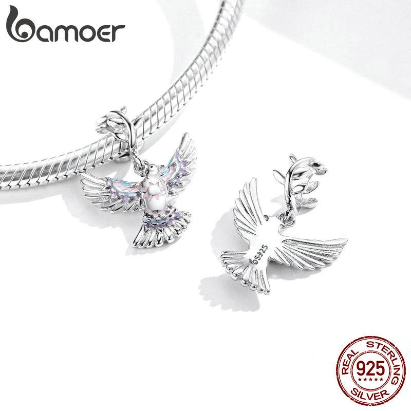 BAMOER Real 925 Sterling Silver Peace Dove Pendant Charm for Original Silver Bracelet or Necklace Fine Jewelry