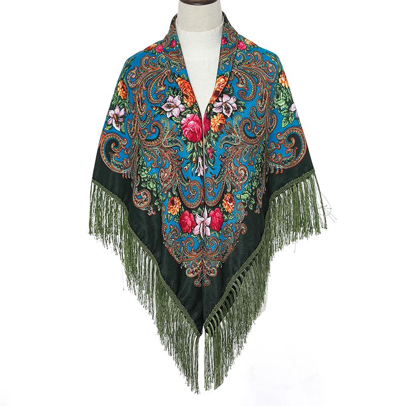 51*51In Square Women Scarf Shawl Ukrainian Embroidery Retro Fringed Cotton Print Scarves Hijab Wraps Russian Cape Bandana