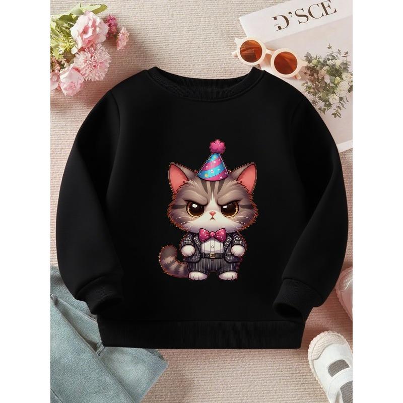 Kids Crewneck Sweatshirt, Chibi Cat Party Paws Cute Graphic Print, Soft Casual Long Sleeve Pullover