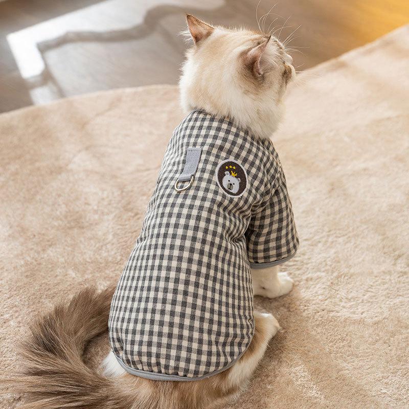 Cat clothes, autumn and winter, Japan and Korea, simple plaid can be pulled, cotton-padded clothes, puppies, dogs, two feet, pet cat clothes
