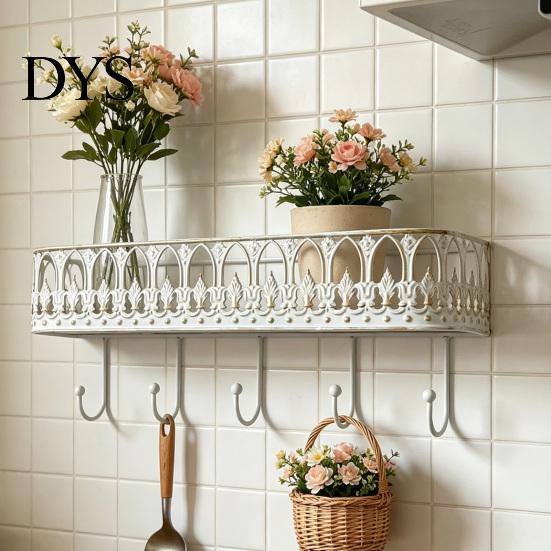 French Country Wall Shelf Mounted Floating Shelves, Metal with 5 Hooks, Key Holder Rustic Plant Stand Mail Organizer, Storage Rack for Entryway Living