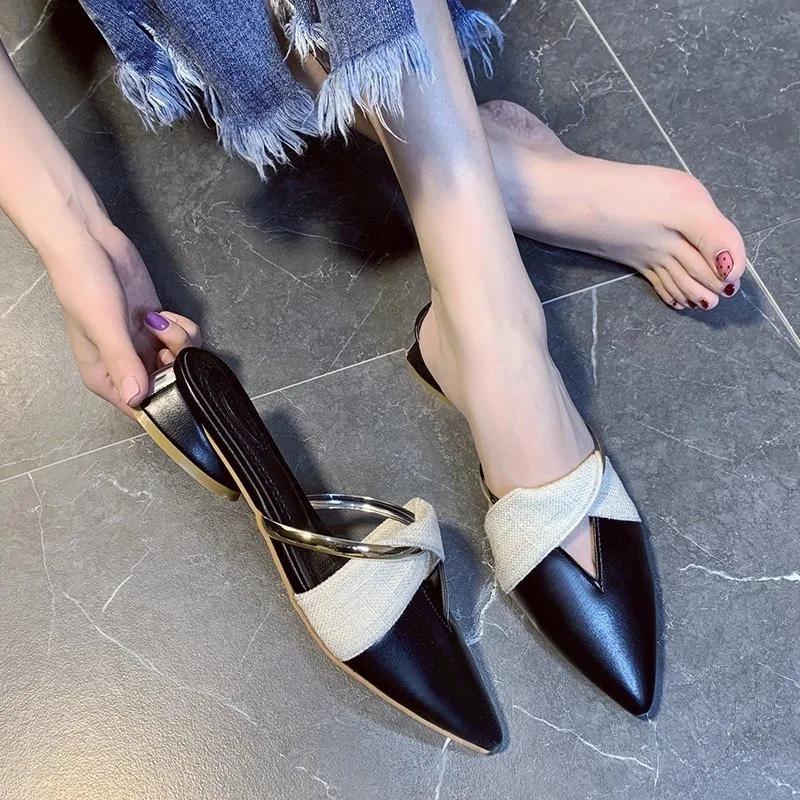 Pointed Toe Sandals Designer Luxury Women Slippers Outer Wear Elegant Single Shoes Mules Plus Size Chaussure Femme Zapatos Mujer